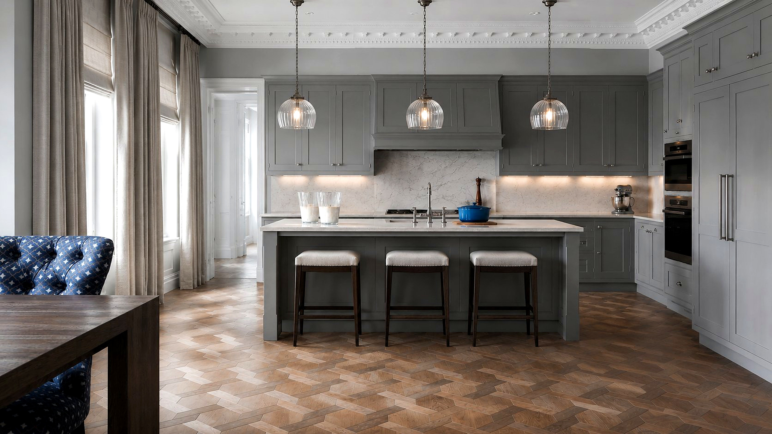 Bespoke parquet flooring in a contemporary London kitchen
