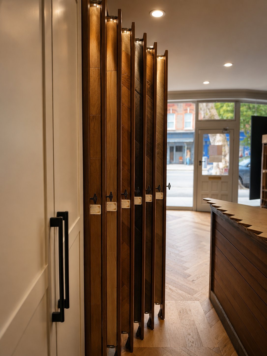 Vertical sample boards lit by spotlights in the Timberzone Studio showroom, daylight from the East Finchley shopfront beyond