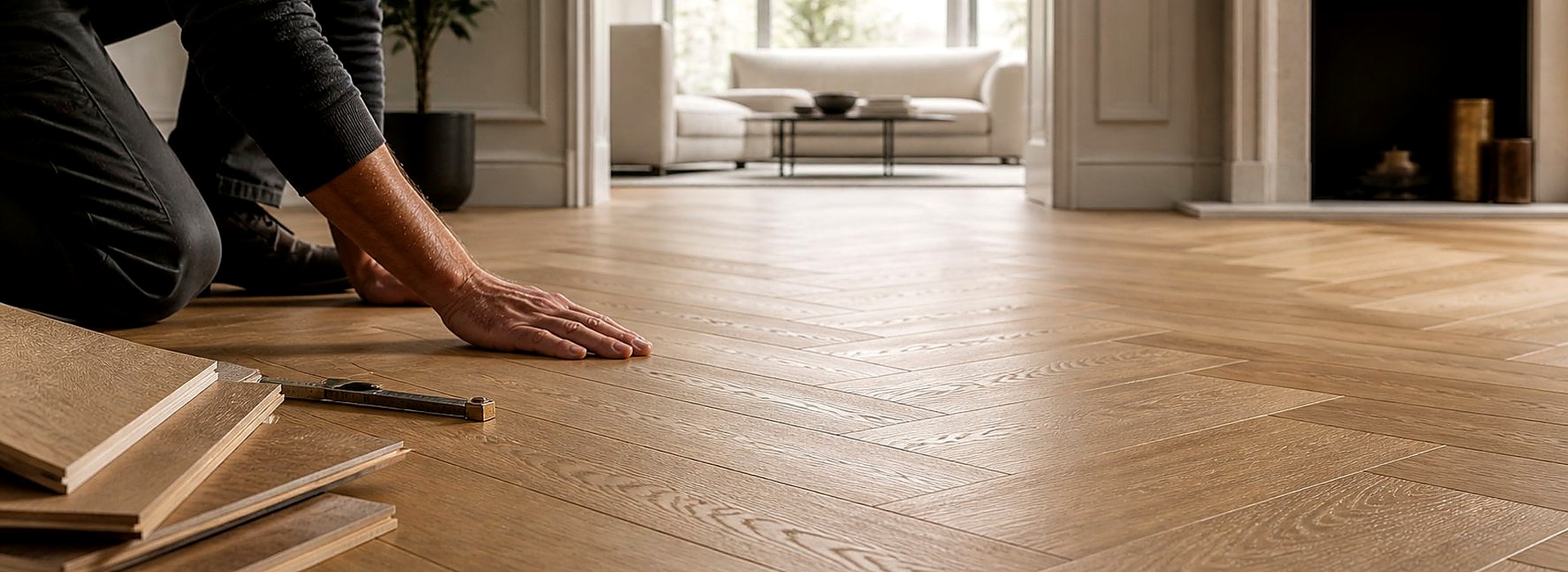Craftsman installing herringbone oak parquet in a luxury London interior