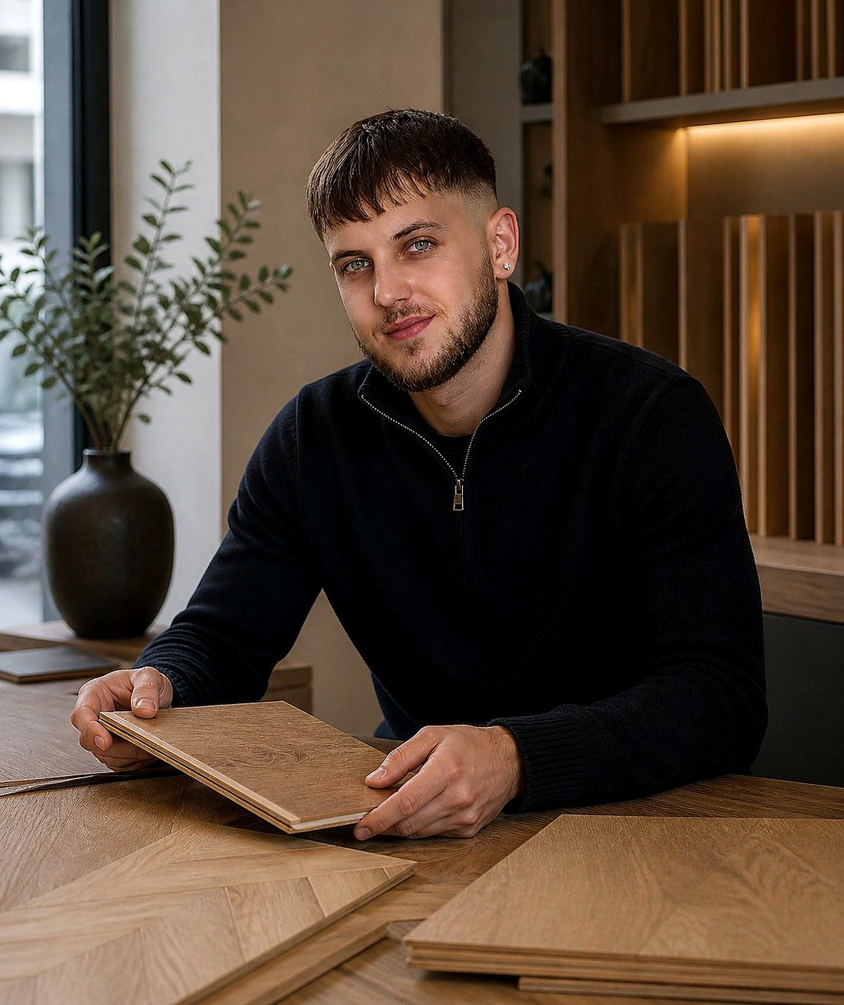 A member of the Timberzone Studio team holding sample boards in the East Finchley showroom