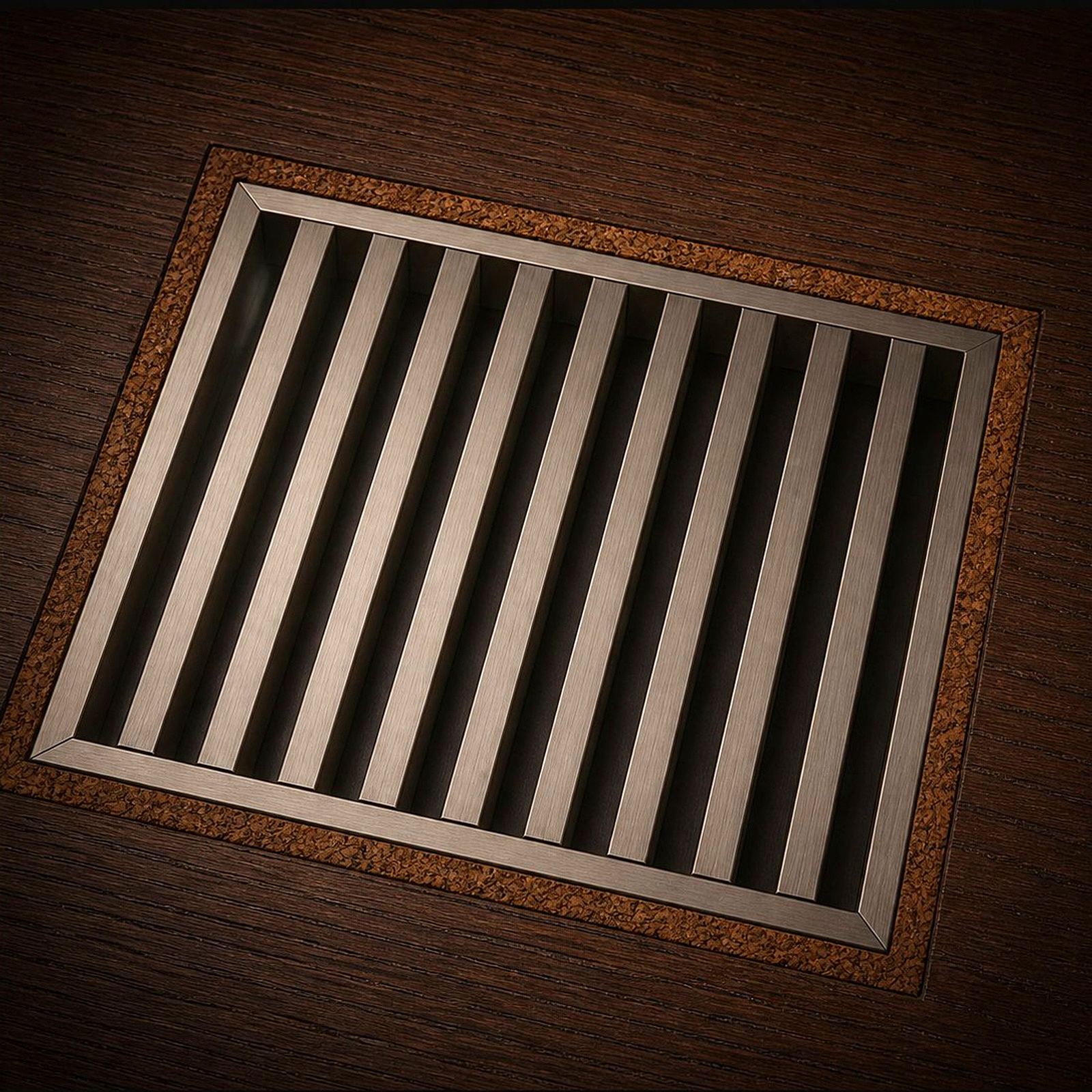 Brass air vent set within a cork expansion fillet on a dark oak floor — Timberzone Studio bespoke detail