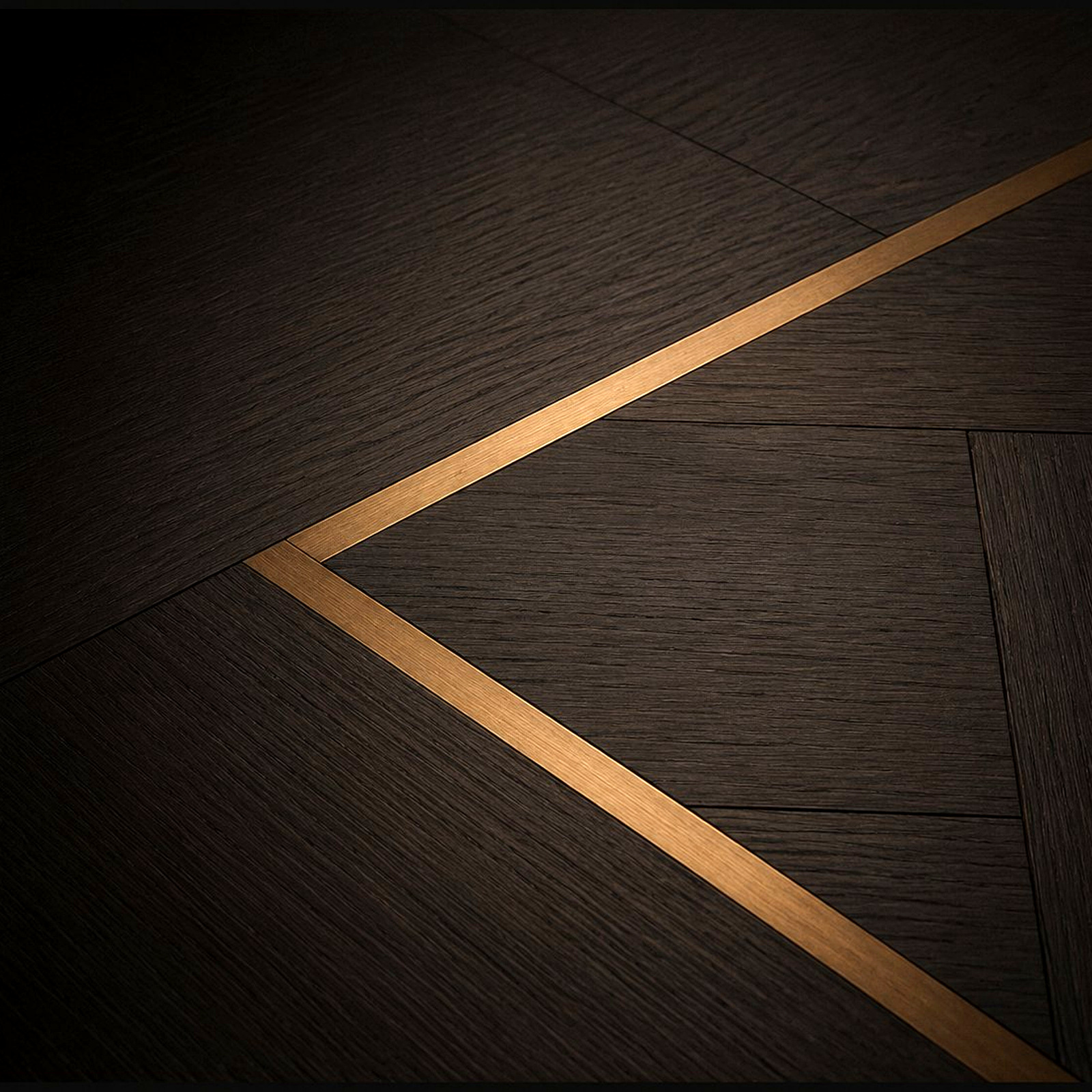 Bronze inlay running through dark brushed wenge planks — Timberzone Studio bespoke detail