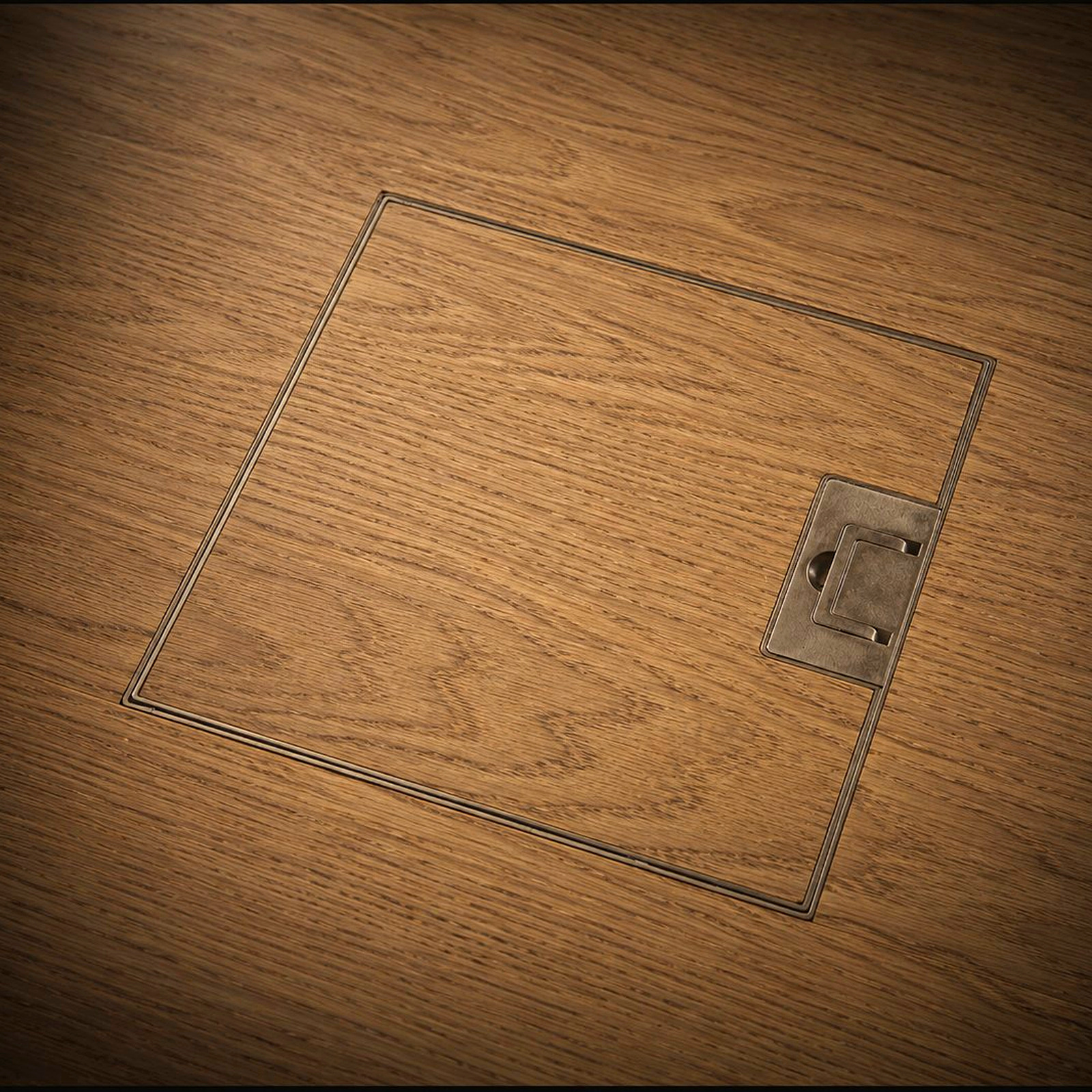 Floor power socket with grain-end matched cover plate set flush into oak — Timberzone Studio bespoke detail