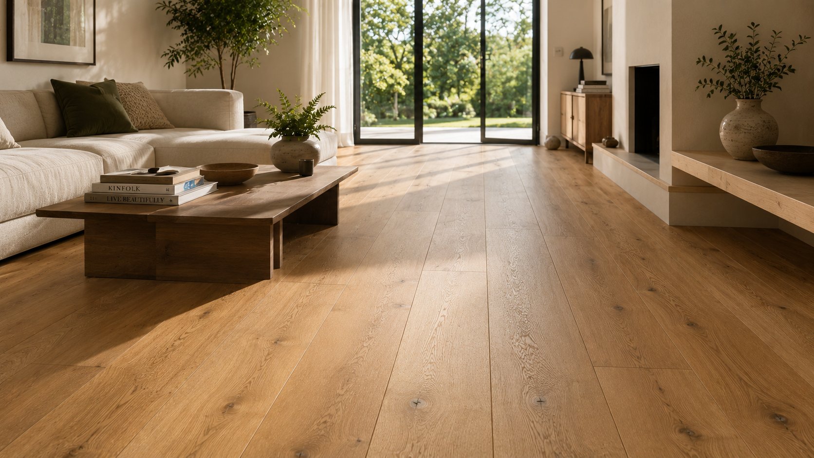 Sunlit residential interior with wide-plank natural oak flooring catching the afternoon light — Timberzone Studio finished floor