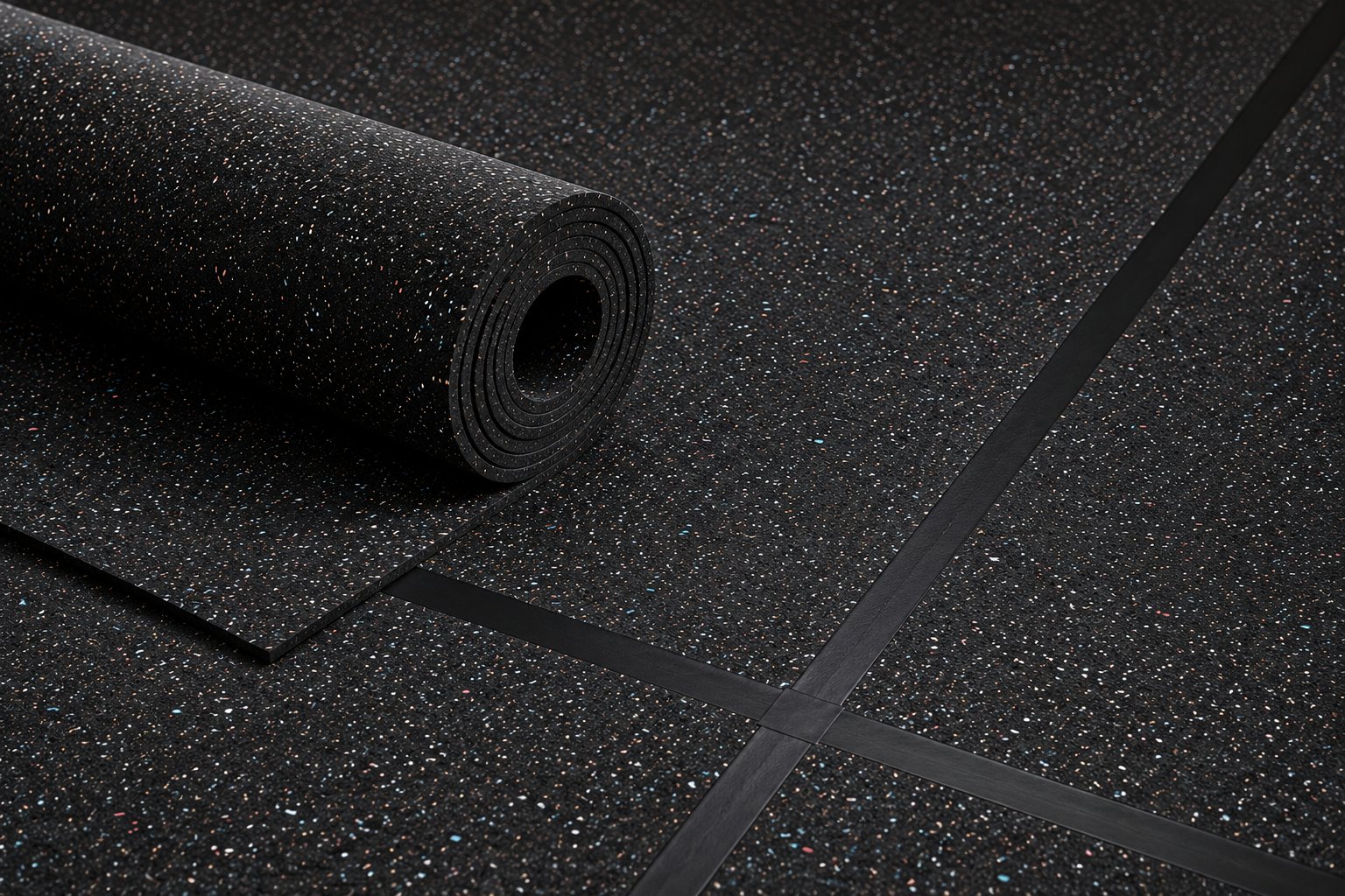 Acoustic underlay roll partially unrolled across an expansion-jointed sub-floor — Timberzone Studio acoustic build-up