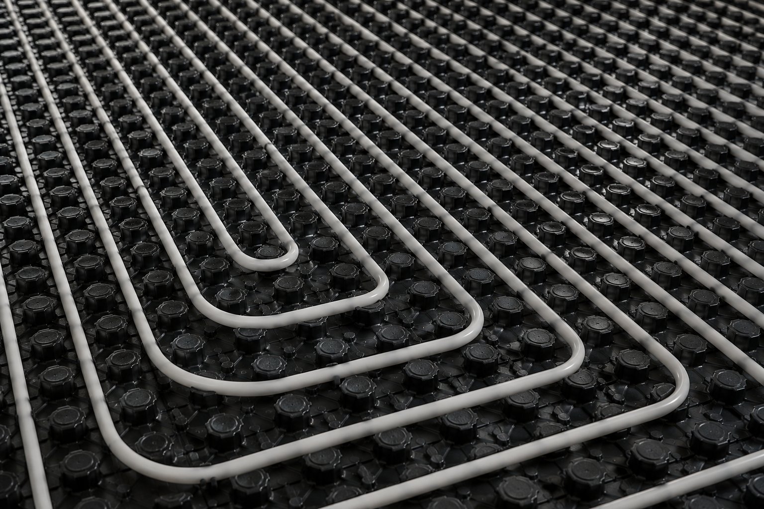 Underfloor heating pipework laid in a serpentine pattern across a studded sub-floor — Timberzone Studio installation